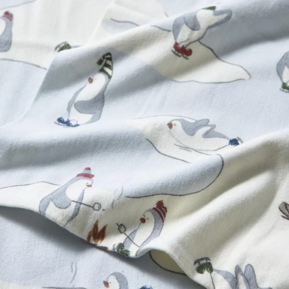 Eddie Bauer Skating Penguins 4-Piece Light Blue Graphic Flannel Full SheetSetNWT